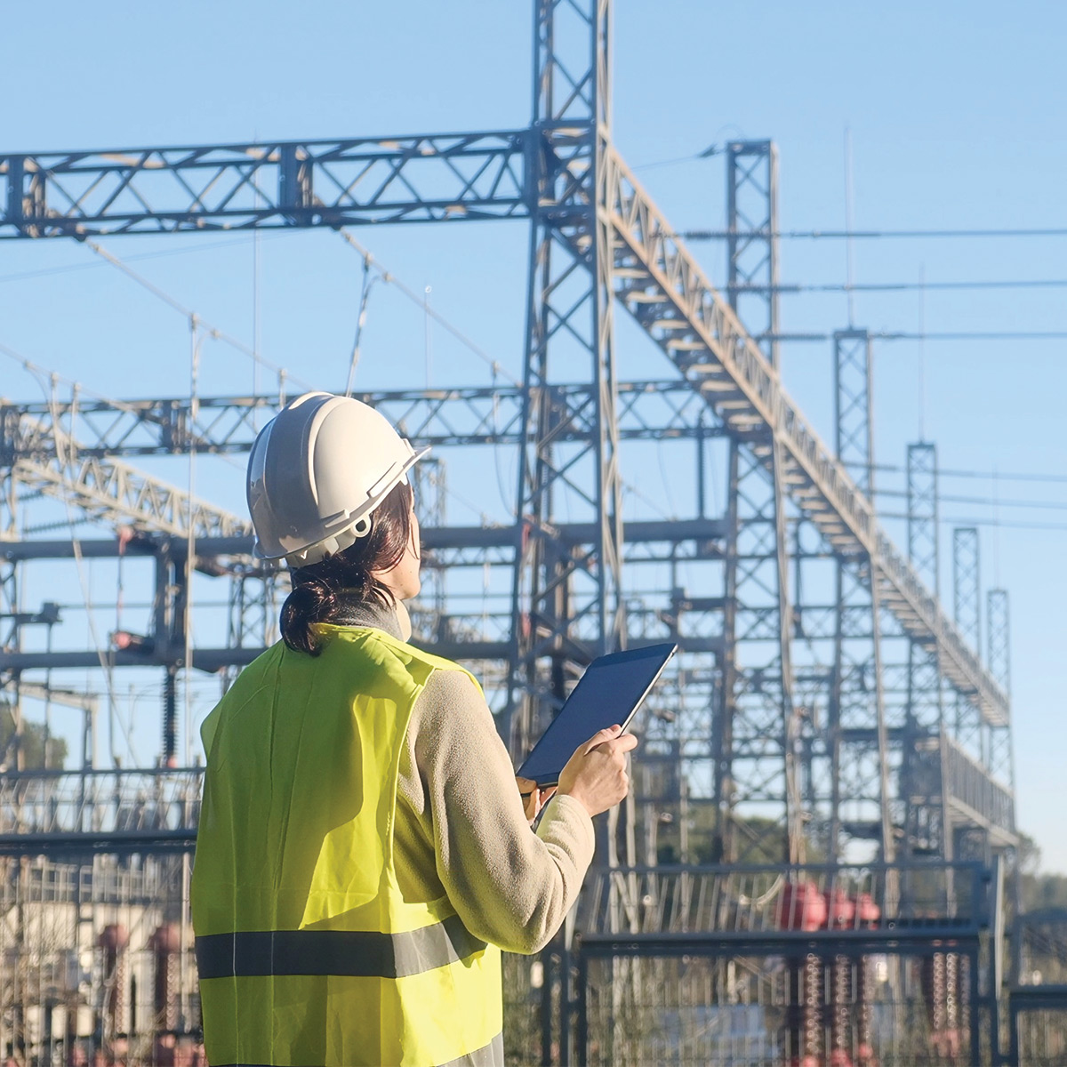 Woman standing in a high voltage substation.