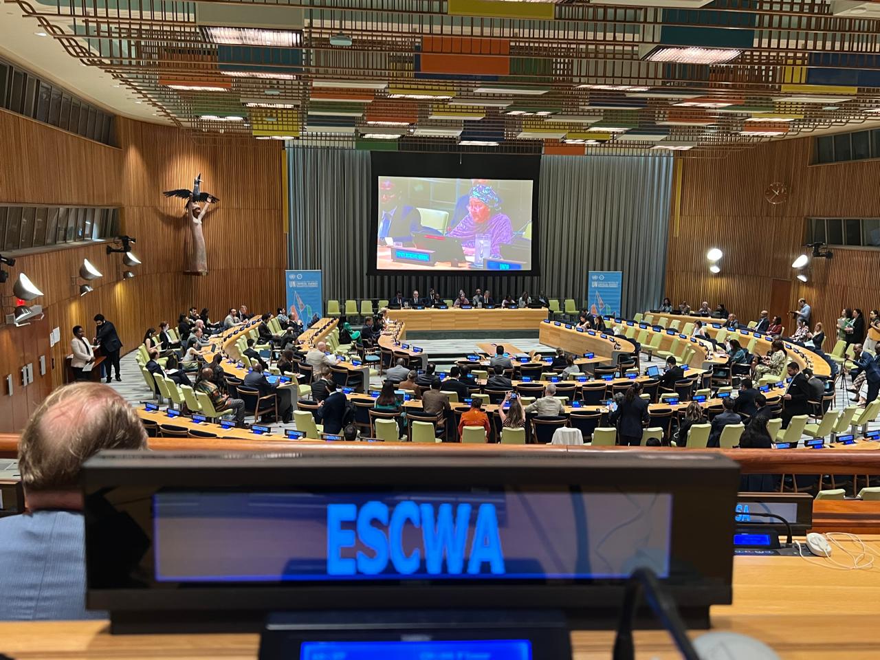 Large shot of a hall with ESCWA name plate showing up close