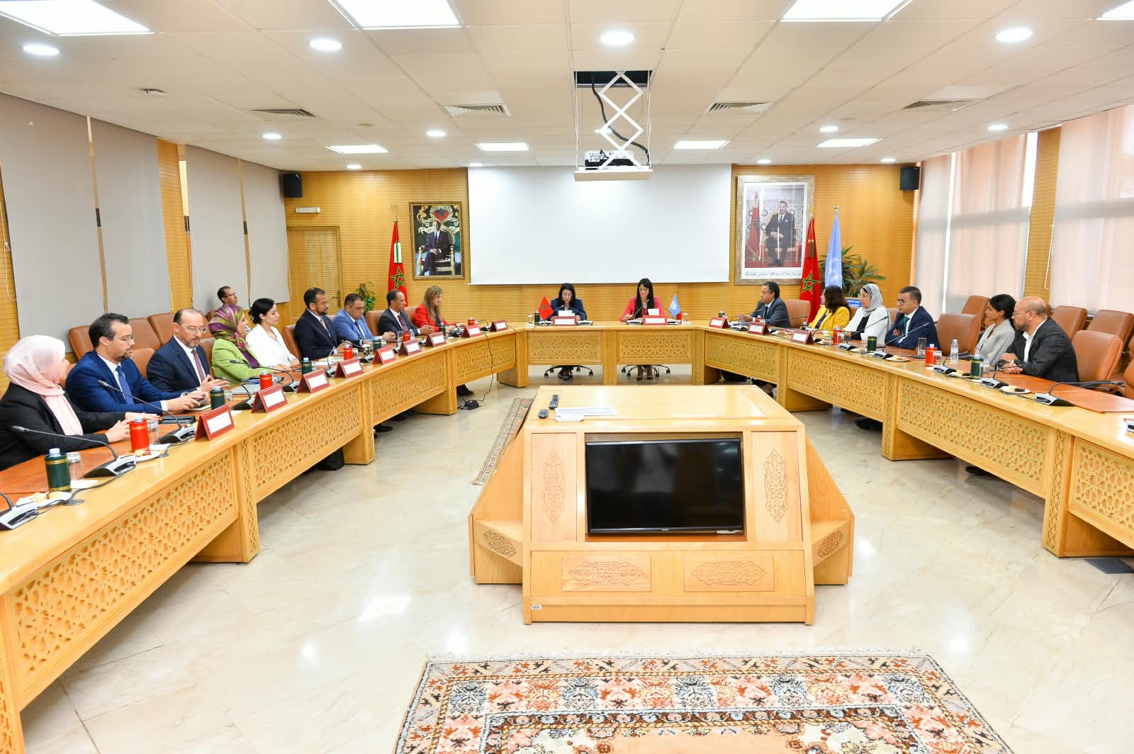 Wide shot of a meeting room showing panel and participants