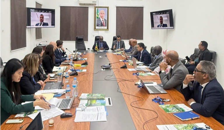 Members of two delegations seated around a table discussing with people connected online.