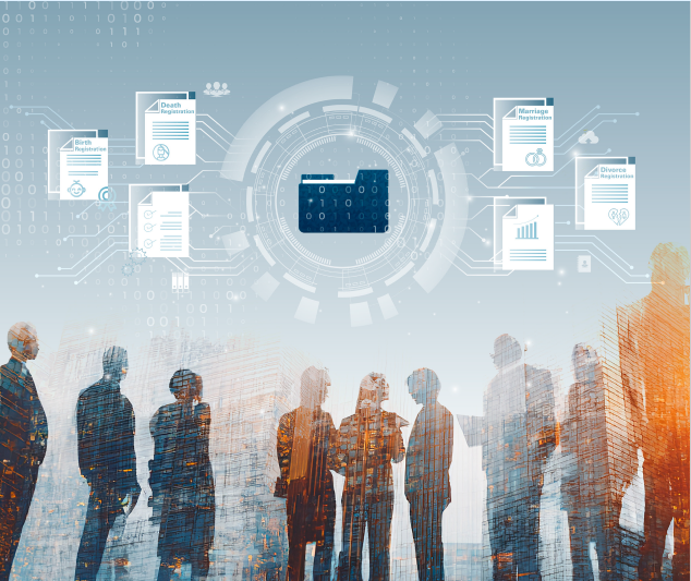 Part of the report cover, graphic showing shadows of people standing and above them digital signs representing the digitization of their records