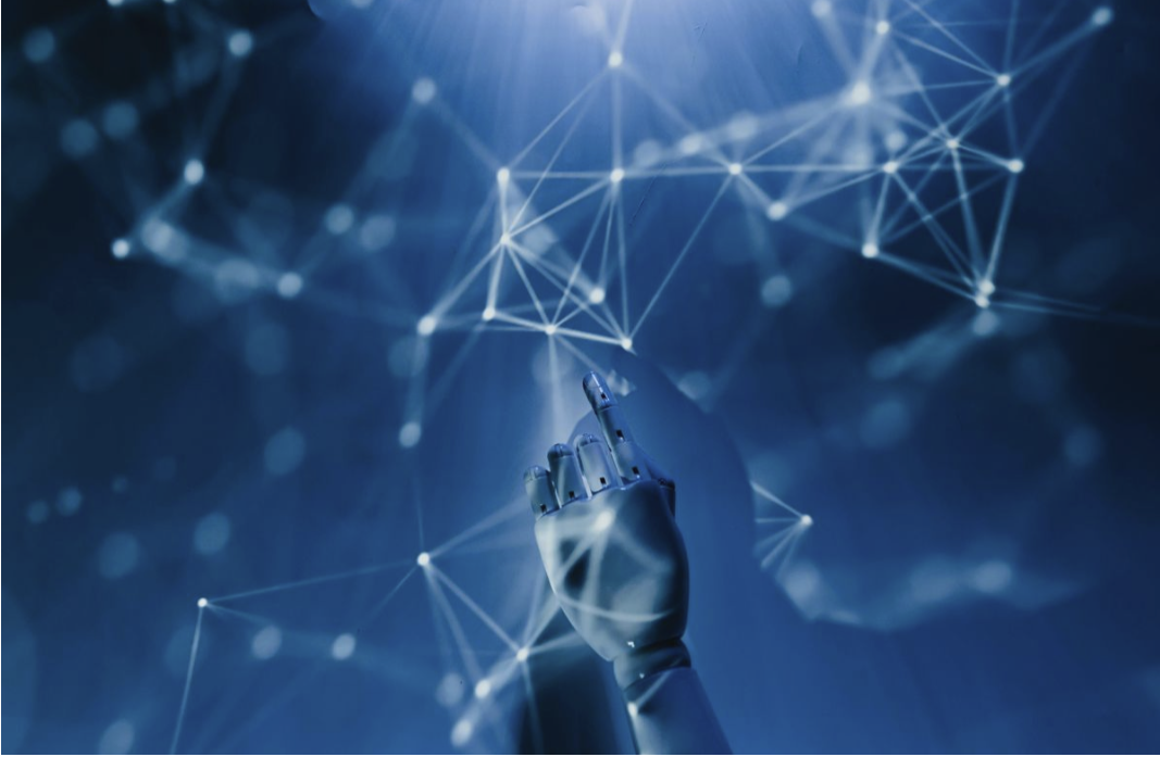 Abstract photo showing AI hand touching virtual data