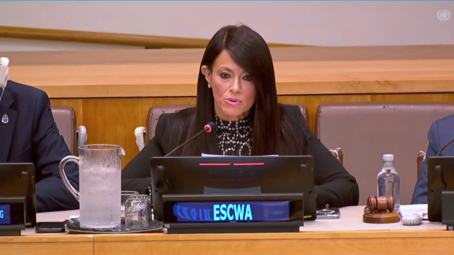 Lady seated behind a microphone and a nametag showing ESCWA