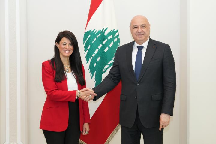 Woman shaking hands with Man in official pose in front of the Lebanese flag