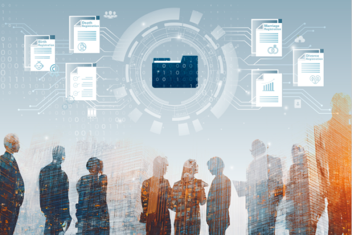 Part of the report cover, graphic showing shadows of people standing and above them digital signs representing the digitization of their records