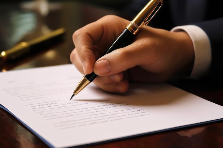 Close up of hand holding pen and paper